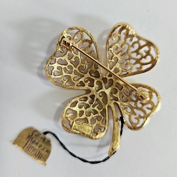 Vintage NWT Deadstock Crown Trifari Gold Filigree Four Leaf Clover Brooch Pin - Picture 6 of 7